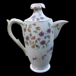 Vintage chocolate pot pretty purple flowers gold accents green leaves  FLAWS